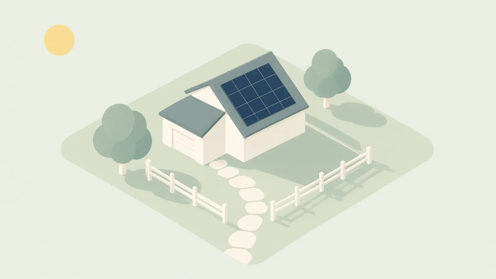 Illustration of a home with blue solar panels, trees and a garden