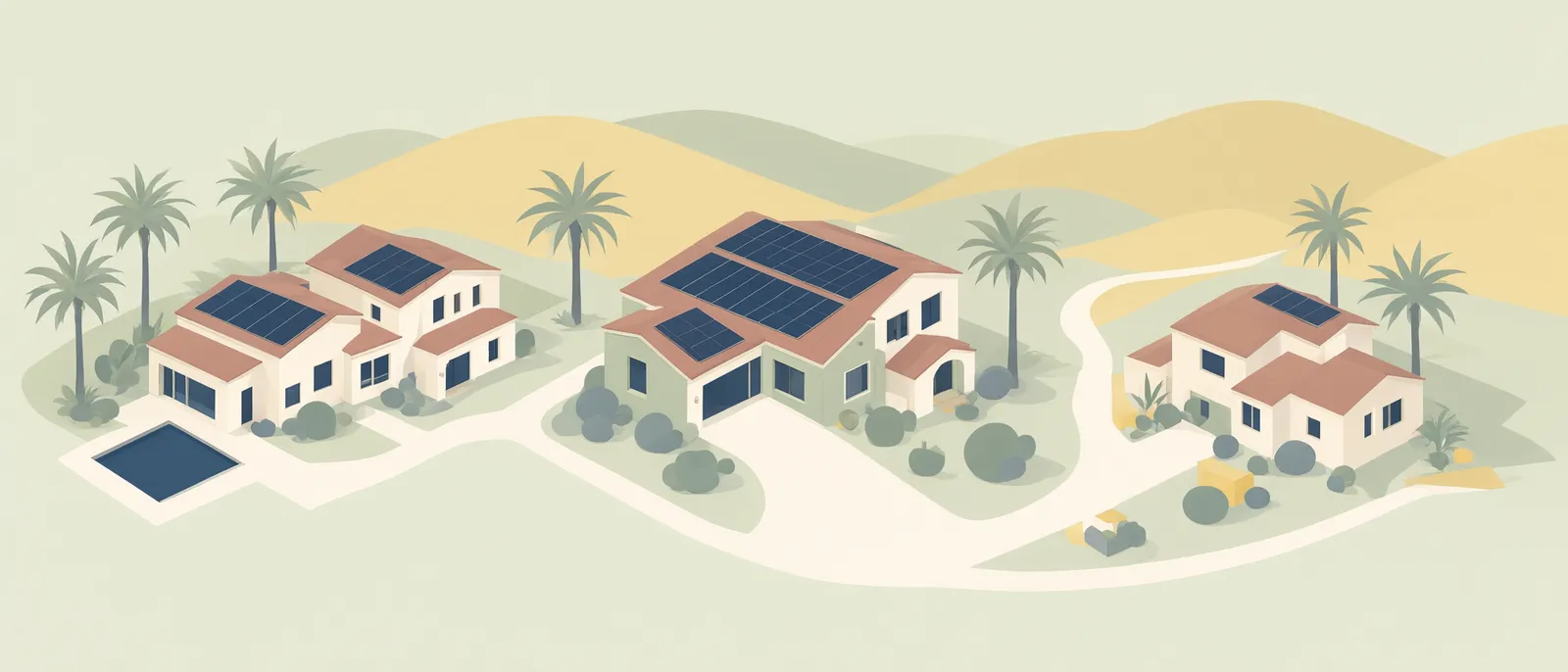 Illustration of homes with rooftop solar in California