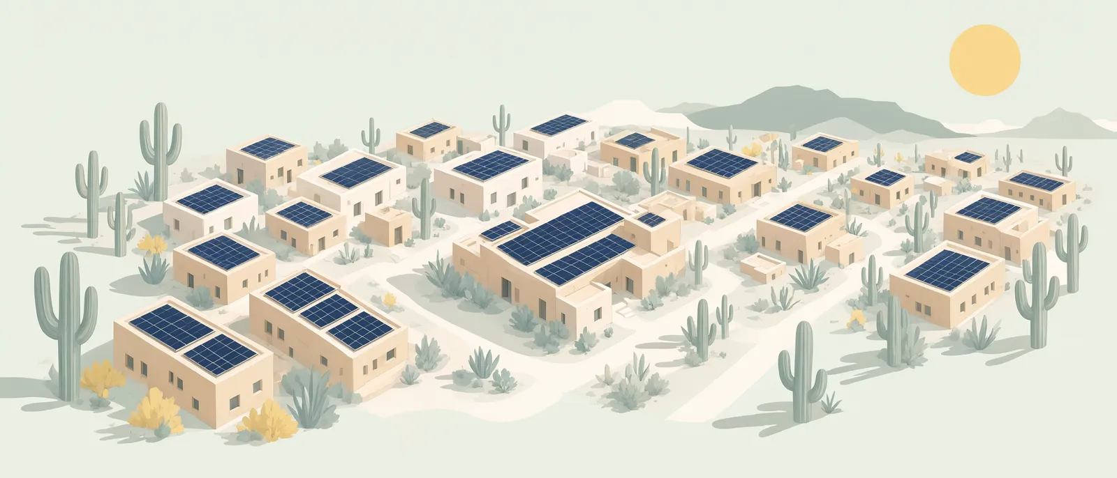 Illustration of homes with rooftop solar in the Southwest